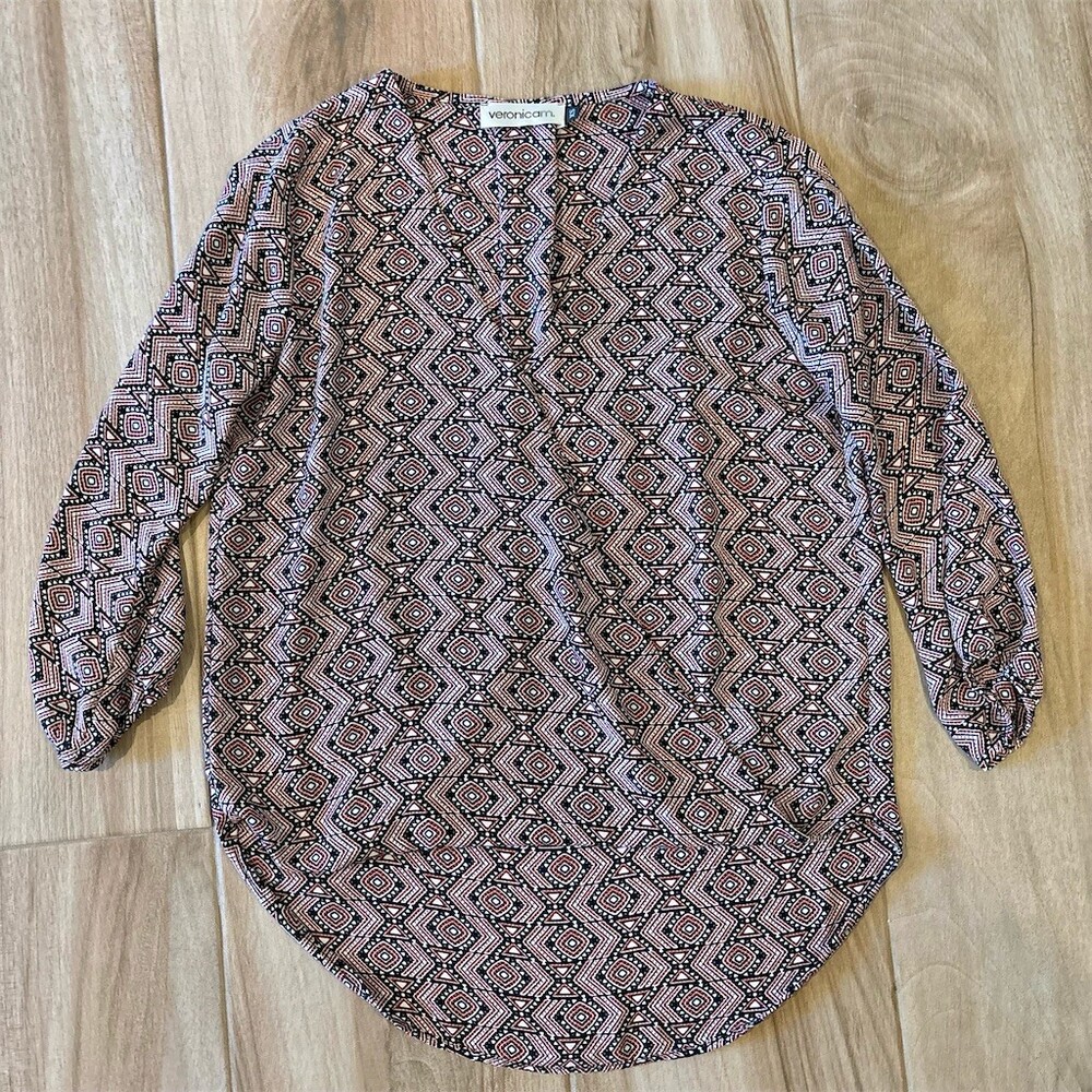 Veronica M Blouse Womens XS Black Red Geometric Print 3/4 Sleeve Tunic